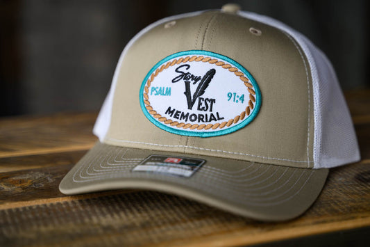 Story Vest Memorial Cap with Psalm 91:4 Patch Tan & White Mesh – Faith-Inspired Western Cap