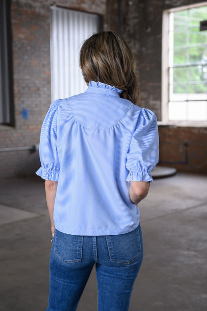Simply Southern Blue & White Striped Ladies Mock Neck Puff Sleeve Top