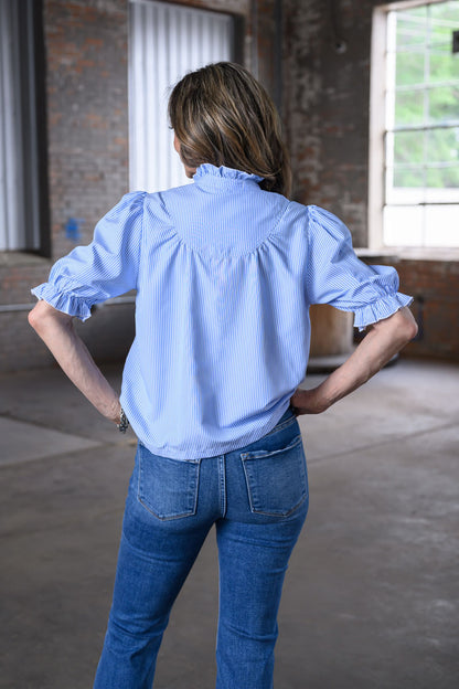 Simply Southern Blue & White Striped Ladies Mock Neck Puff Sleeve Top