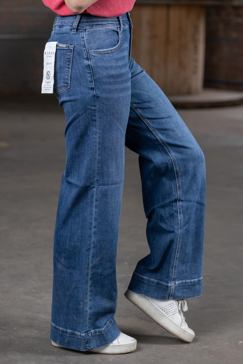 Risen High Rise Wide Leg Detail Jeans in Dark Wash – Women’s Boutique Denim