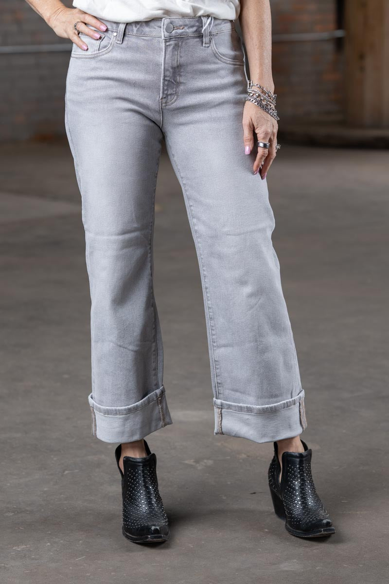 Risen Mid Rise Crop Straight Cuffed Jeans in Light Gray – Women’s Boutique Denim