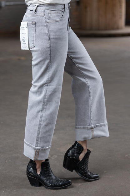 Risen Mid Rise Crop Straight Cuffed Jeans in Light Gray – Women’s Boutique Denim