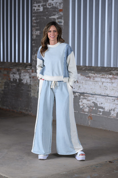 ee Color Block Denim Drawstring Pants & Frayed Long Sleeve Pullover Set