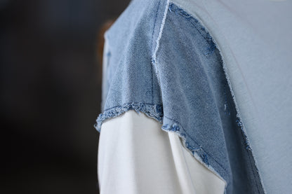 ee Color Block Denim Drawstring Pants & Frayed Long Sleeve Pullover Set