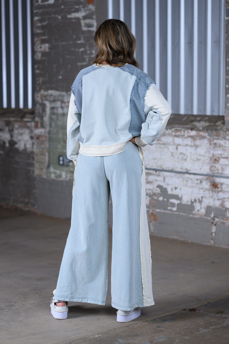 ee Color Block Denim Drawstring Pants & Frayed Long Sleeve Pullover Set
