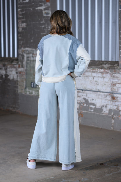 ee Color Block Denim Drawstring Pants & Frayed Long Sleeve Pullover Set