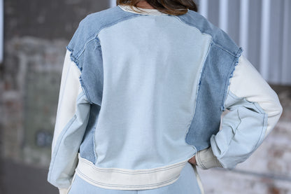 ee Color Block Denim Drawstring Pants & Frayed Long Sleeve Pullover Set