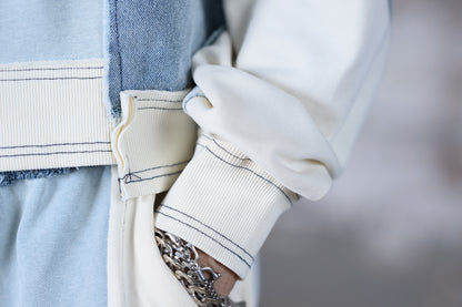 ee Color Block Denim Drawstring Pants & Frayed Long Sleeve Pullover Set
