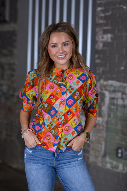 Ivy Jane Block Patch Floral Top – Multi-Color Women's Boutique Blouse