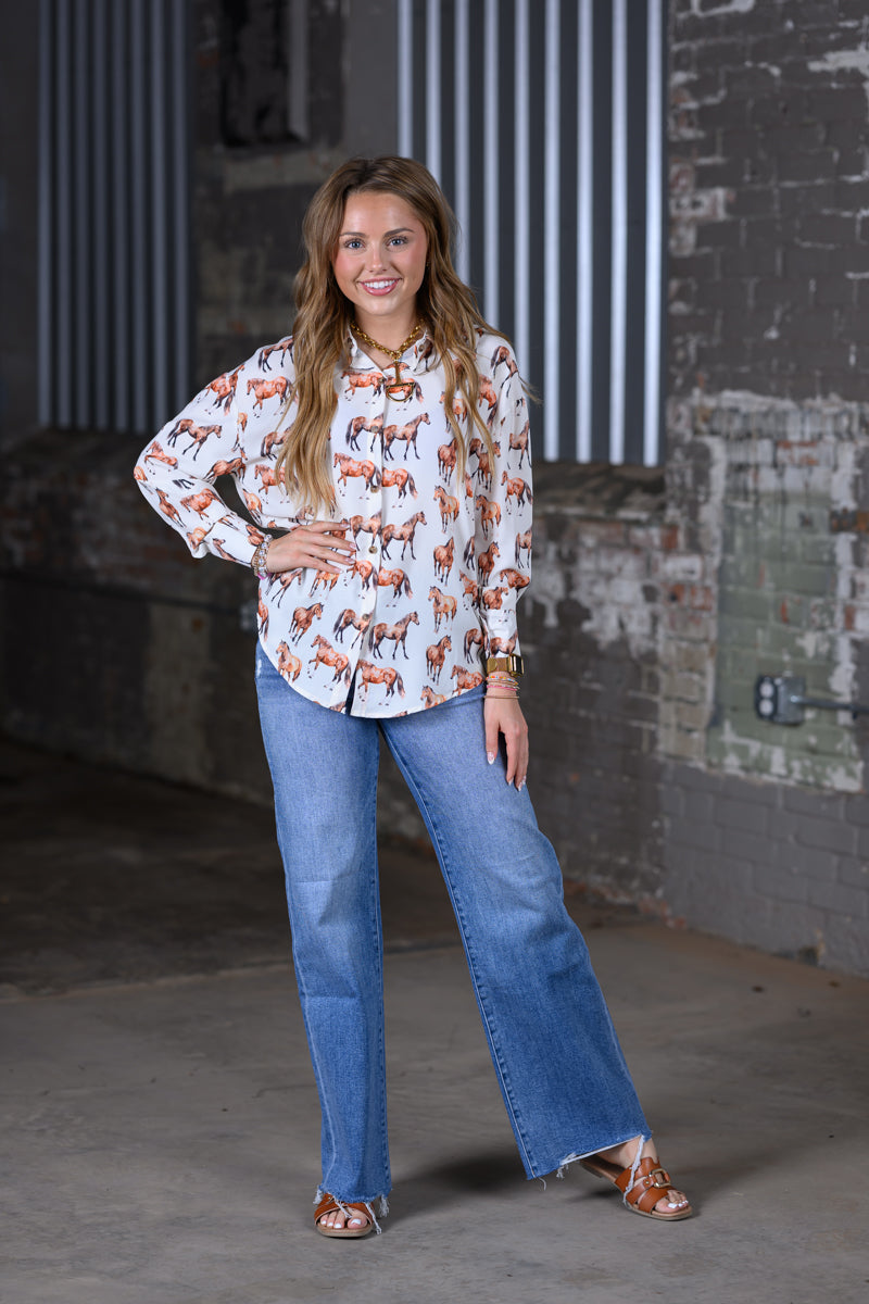 Kathryn Classic Button-Up Blouse Horse Print