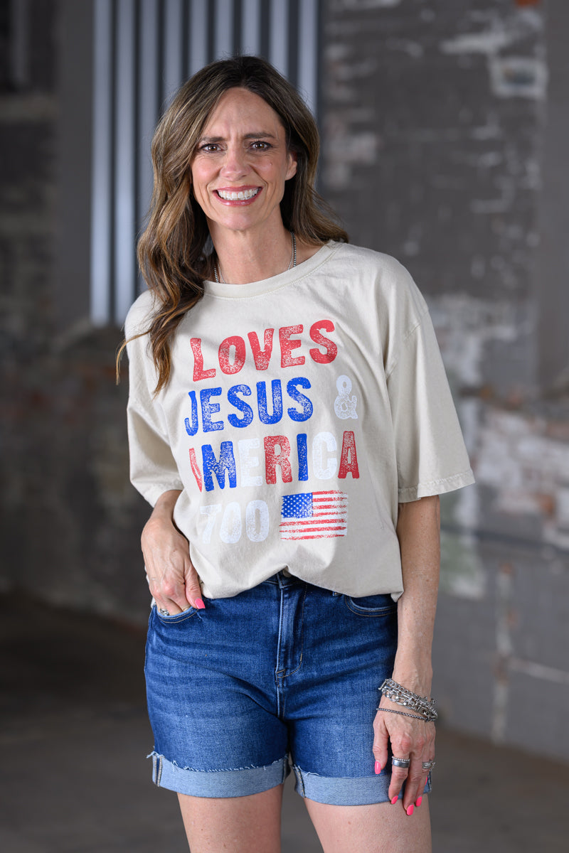 HRTandLUV Love Jesus & America Too Tee – Mineral Oatmeal Patriotic Christian Graphic T-Shirt