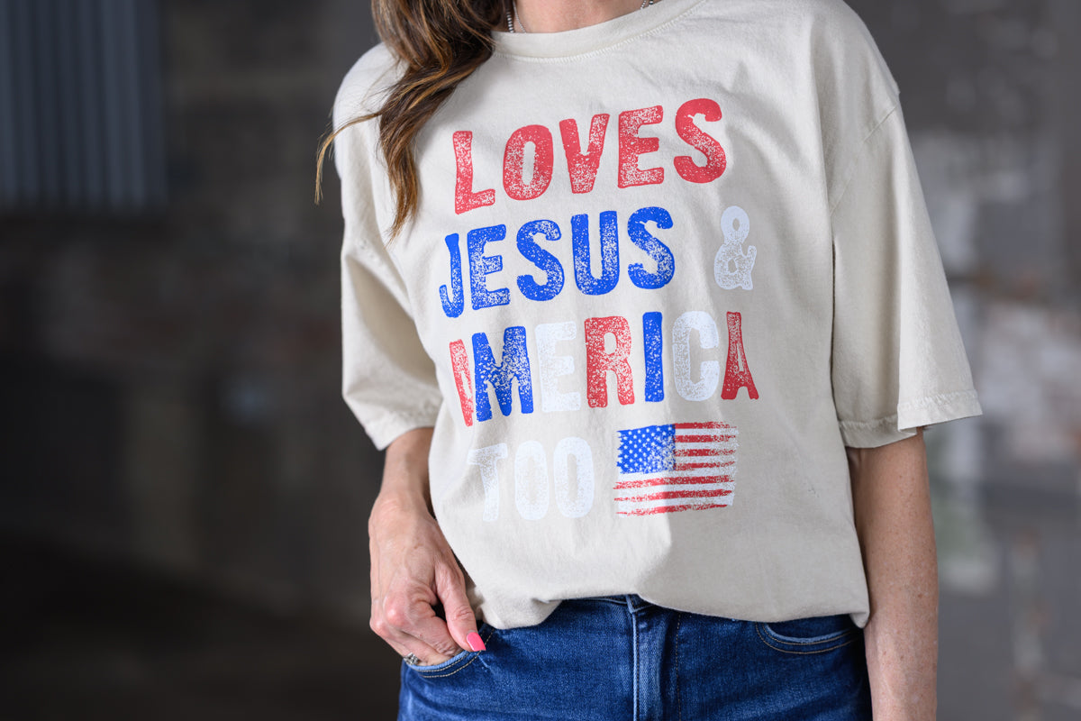 HRTandLUV Love Jesus & America Too Tee – Mineral Oatmeal Patriotic Christian Graphic T-Shirt