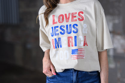 HRTandLUV Love Jesus & America Too Tee – Mineral Oatmeal Patriotic Christian Graphic T-Shirt