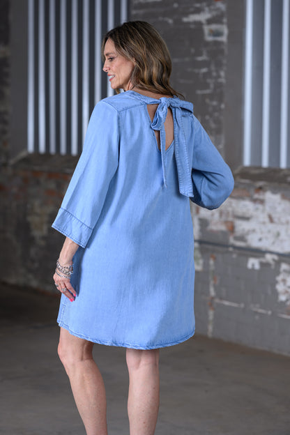 Easel Washed Denim Blue Shift Dress