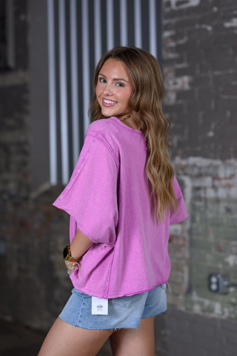 Rosevelvet Round Neck Short Sleeve Loose Shirt – Pink Women's Boutique Top