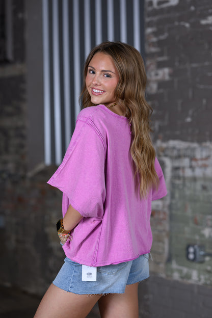 Rosevelvet Round Neck Short Sleeve Loose Shirt – Pink Women's Boutique Top