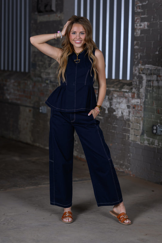 ee Midnight Mineral Washed Barrel Pants & Peplum Top Set – Women's Boutique Two-Piece Outfit