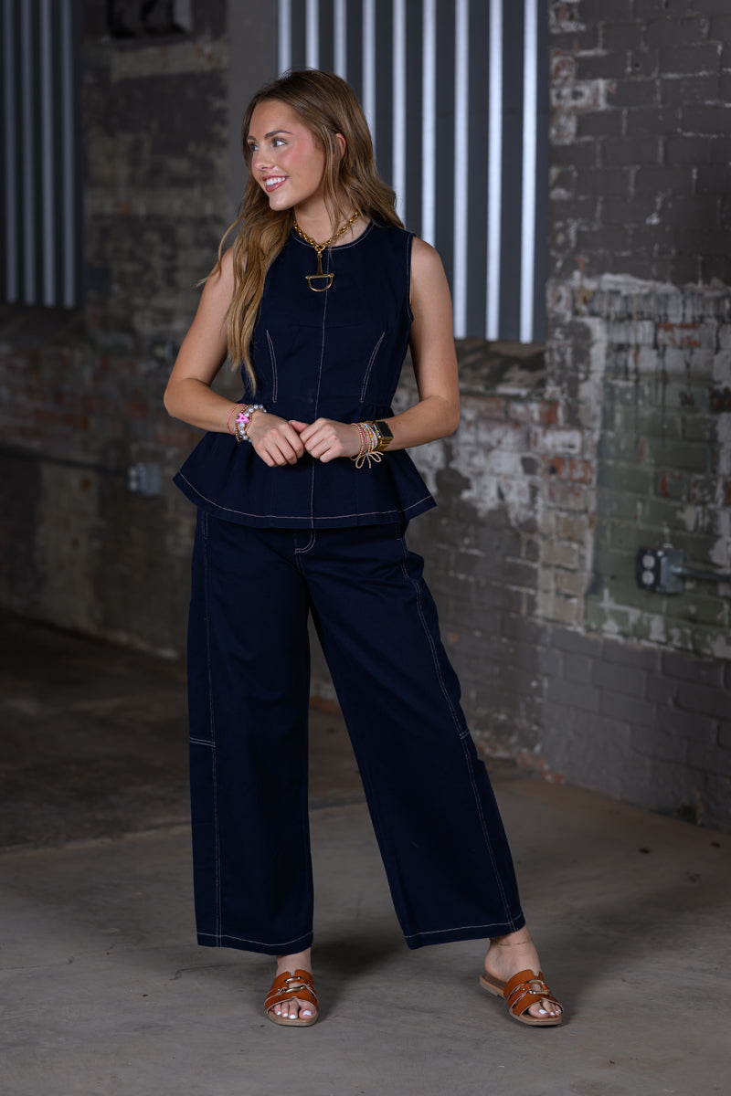 ee Midnight Mineral Washed Barrel Pants & Peplum Top Set – Women's Boutique Two-Piece Outfit