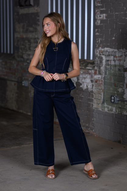 ee Midnight Mineral Washed Barrel Pants & Peplum Top Set – Women's Boutique Two-Piece Outfit