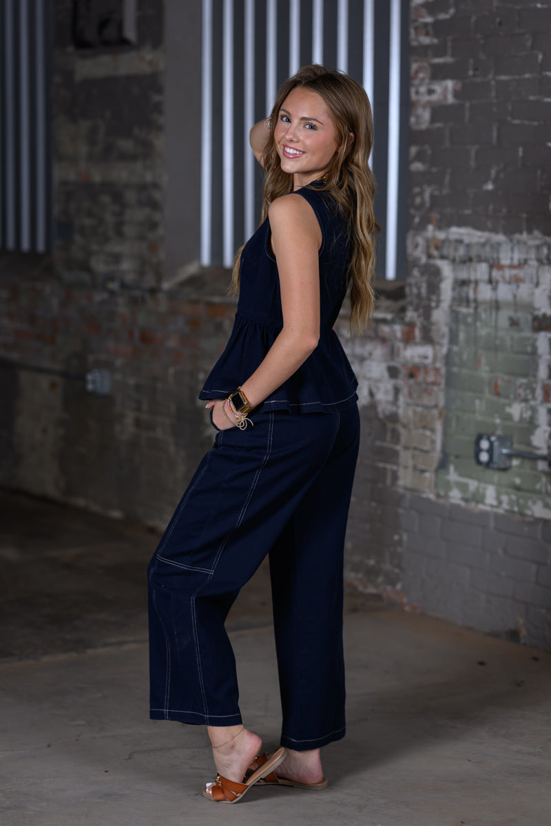 ee Midnight Mineral Washed Barrel Pants & Peplum Top Set – Women's Boutique Two-Piece Outfit