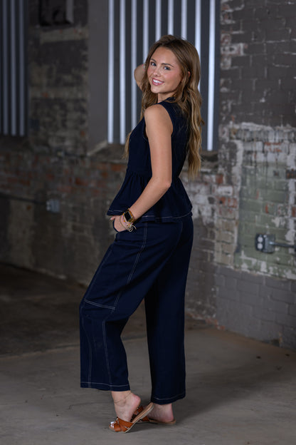ee Midnight Mineral Washed Barrel Pants & Peplum Top Set – Women's Boutique Two-Piece Outfit