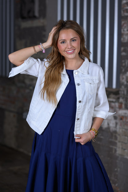 ShieldChic Women's White Trucker Denim Jacket – Cropped 3/4 Sleeve Boutique Jacket