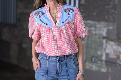 Western Pony Embroidered Gingham Blouse