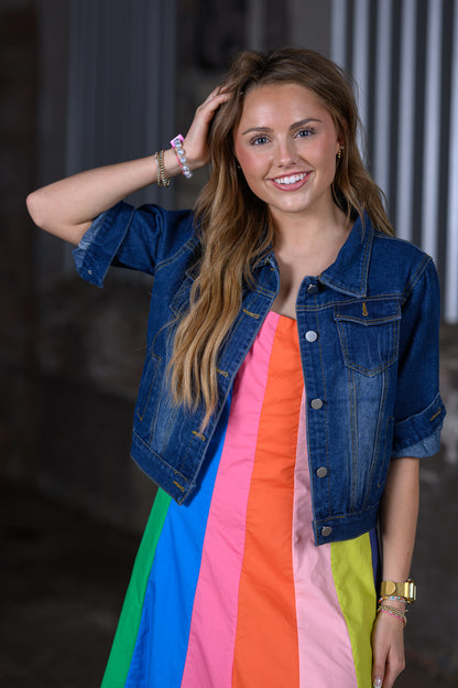 ShieldChic Women's Light Wash Trucker Denim Jacket – Short 3/4 Sleeve Boutique Jacket