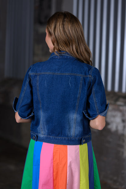 ShieldChic Women's Light Wash Trucker Denim Jacket – Short 3/4 Sleeve Boutique Jacket