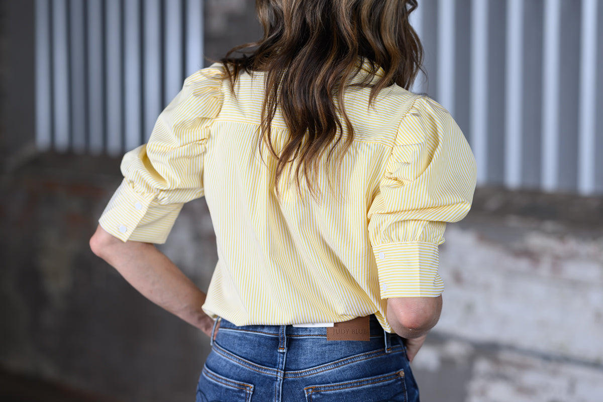 Vine & Love Collared Neck Short Puff Sleeve Striped Blouse – Yellow Women's Boutique Top
