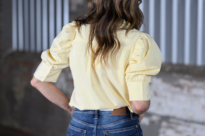 Vine & Love Collared Neck Short Puff Sleeve Striped Blouse – Yellow Women's Boutique Top