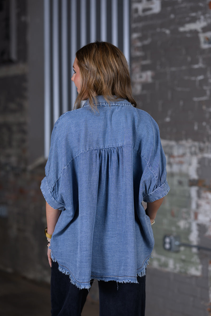 Frayed Trim Denim Button Top