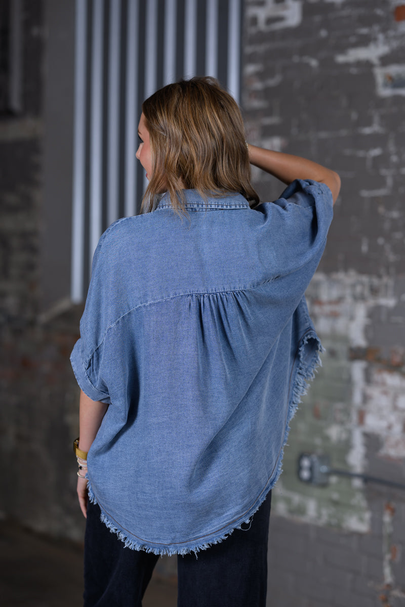 Frayed Trim Denim Button Top