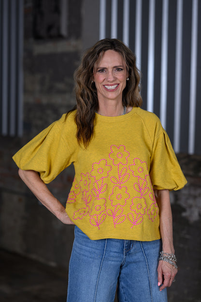 Ivy Jane Mustard Yellow French Terry Crewneck with Floral Embroidery Top – Women's Boutique Sweatshirt