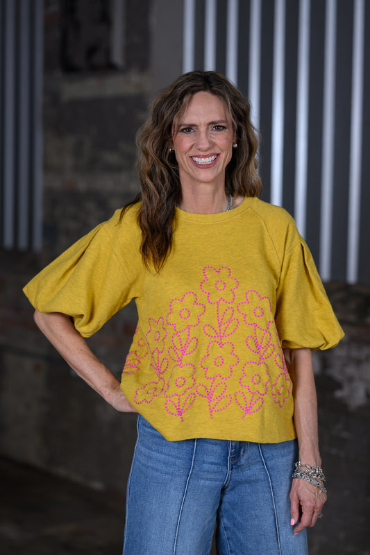 Ivy Jane Mustard Yellow French Terry Crewneck with Floral Embroidery Top – Women's Boutique Sweatshirt