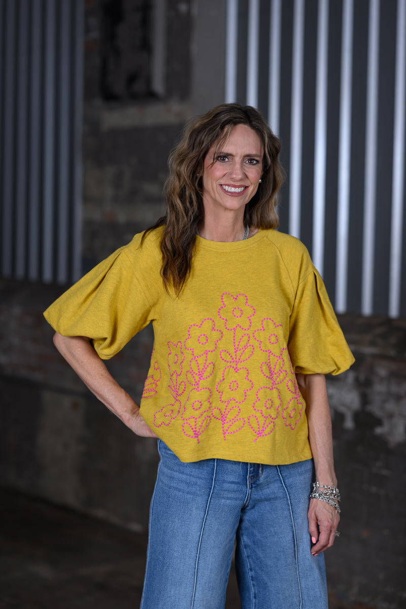 Ivy Jane Mustard Yellow French Terry Crewneck with Floral Embroidery Top – Women's Boutique Sweatshirt
