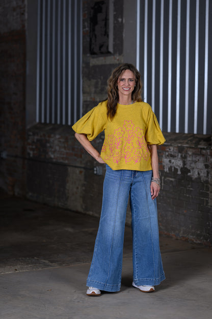 Ivy Jane Mustard Yellow French Terry Crewneck with Floral Embroidery Top – Women's Boutique Sweatshirt
