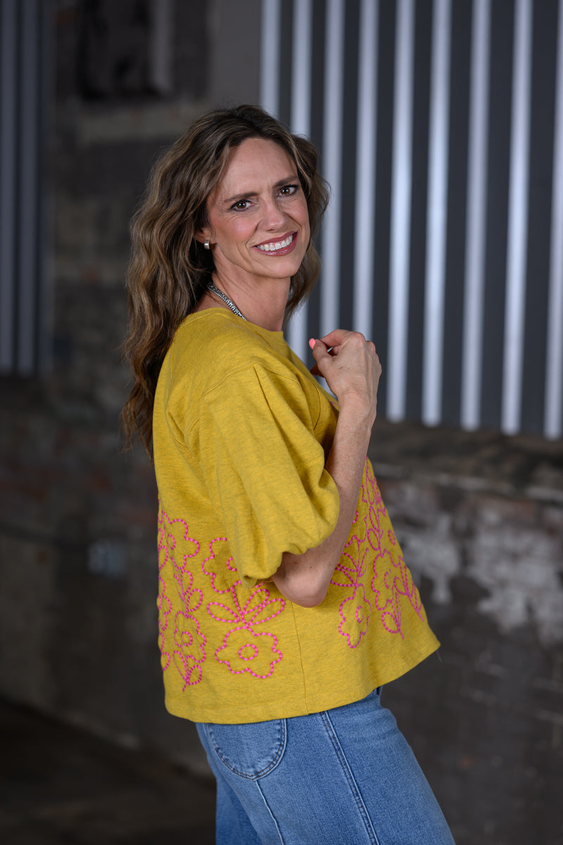 Ivy Jane Mustard Yellow French Terry Crewneck with Floral Embroidery Top – Women's Boutique Sweatshirt