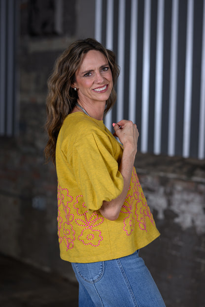 Ivy Jane Mustard Yellow French Terry Crewneck with Floral Embroidery Top – Women's Boutique Sweatshirt
