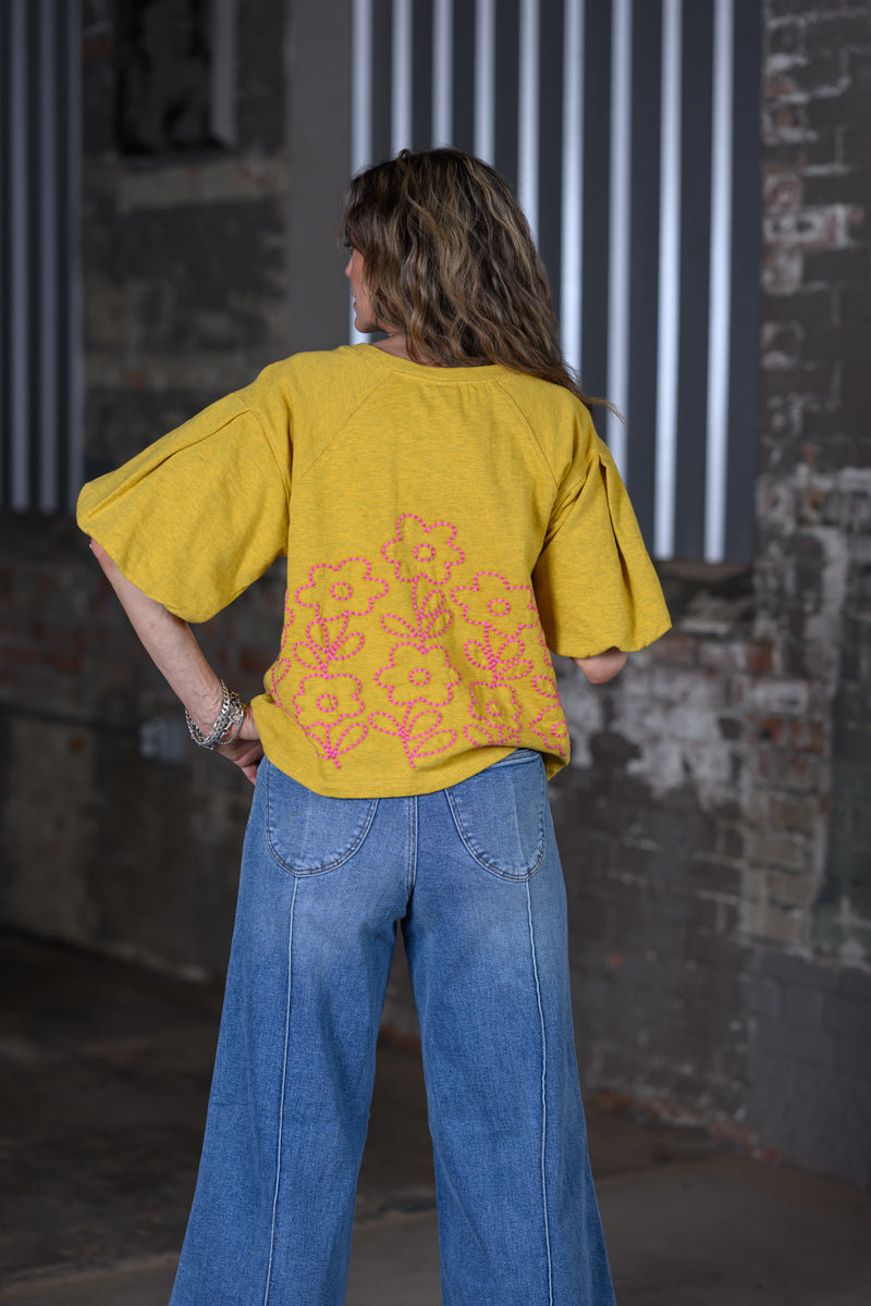 Ivy Jane Mustard Yellow French Terry Crewneck with Floral Embroidery Top – Women's Boutique Sweatshirt
