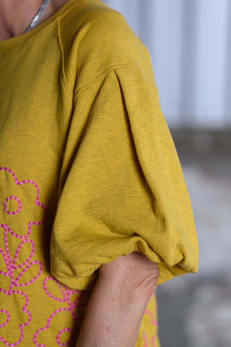 Ivy Jane Mustard Yellow French Terry Crewneck with Floral Embroidery Top – Women's Boutique Sweatshirt