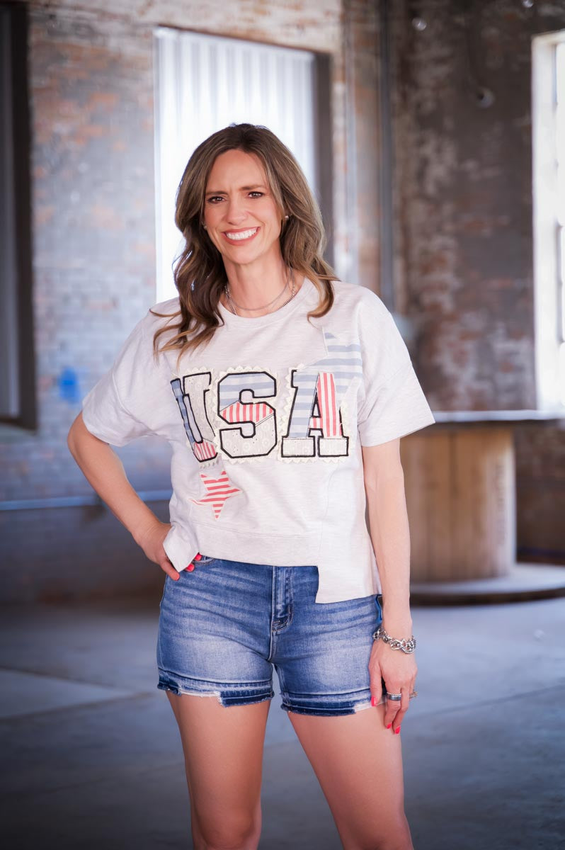 Simply Southern USA Patch Letter Tee – Patriotic Women's Graphic T-Shirt