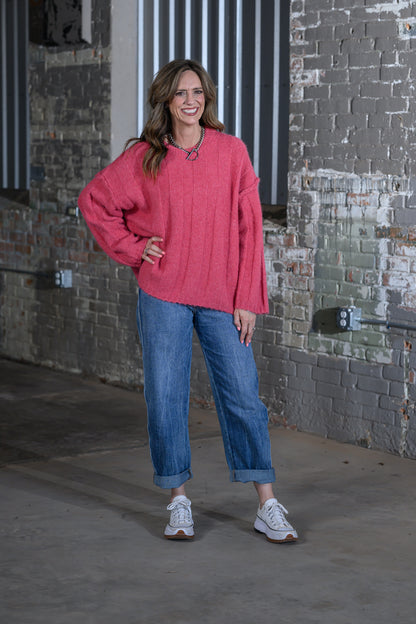 Easel Clothing Red Freesia Long Sleeve Sweater Top – Women's Boutique Knit Sweater