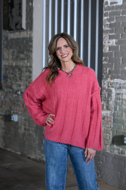 Easel Clothing Red Freesia Long Sleeve Sweater Top – Women's Boutique Knit Sweater