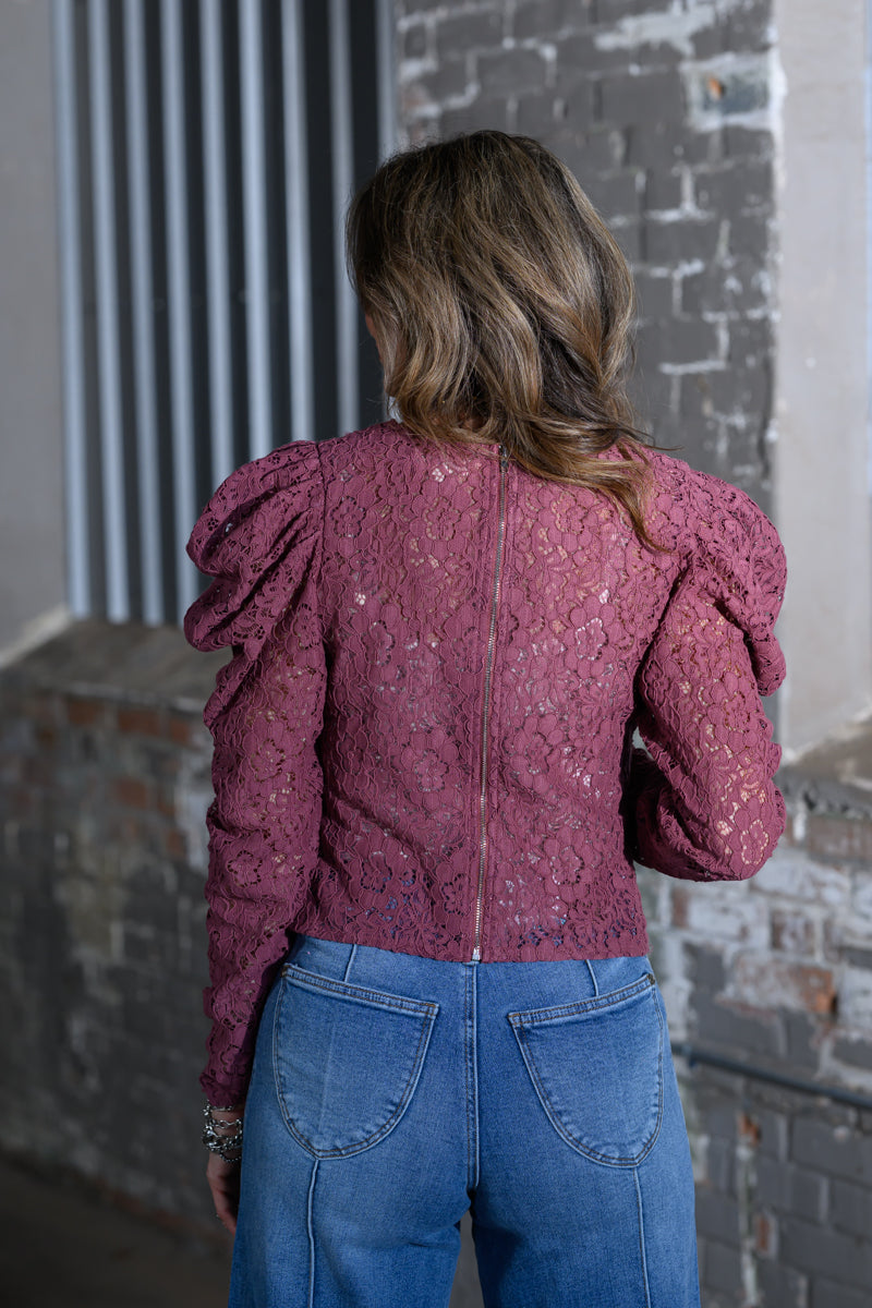 Easel Clothing Mauve Puff Long Sleeve Novelty Lace Woven Blouse – Women's Boutique Top