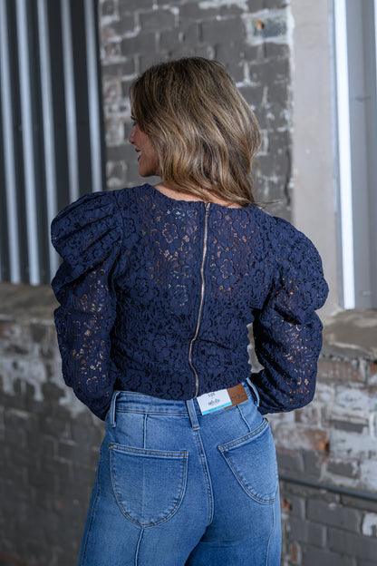 Easel Clothing Navy Puff Long Sleeve Novelty Lace Woven Blouse – Women's Boutique Lace Blouse