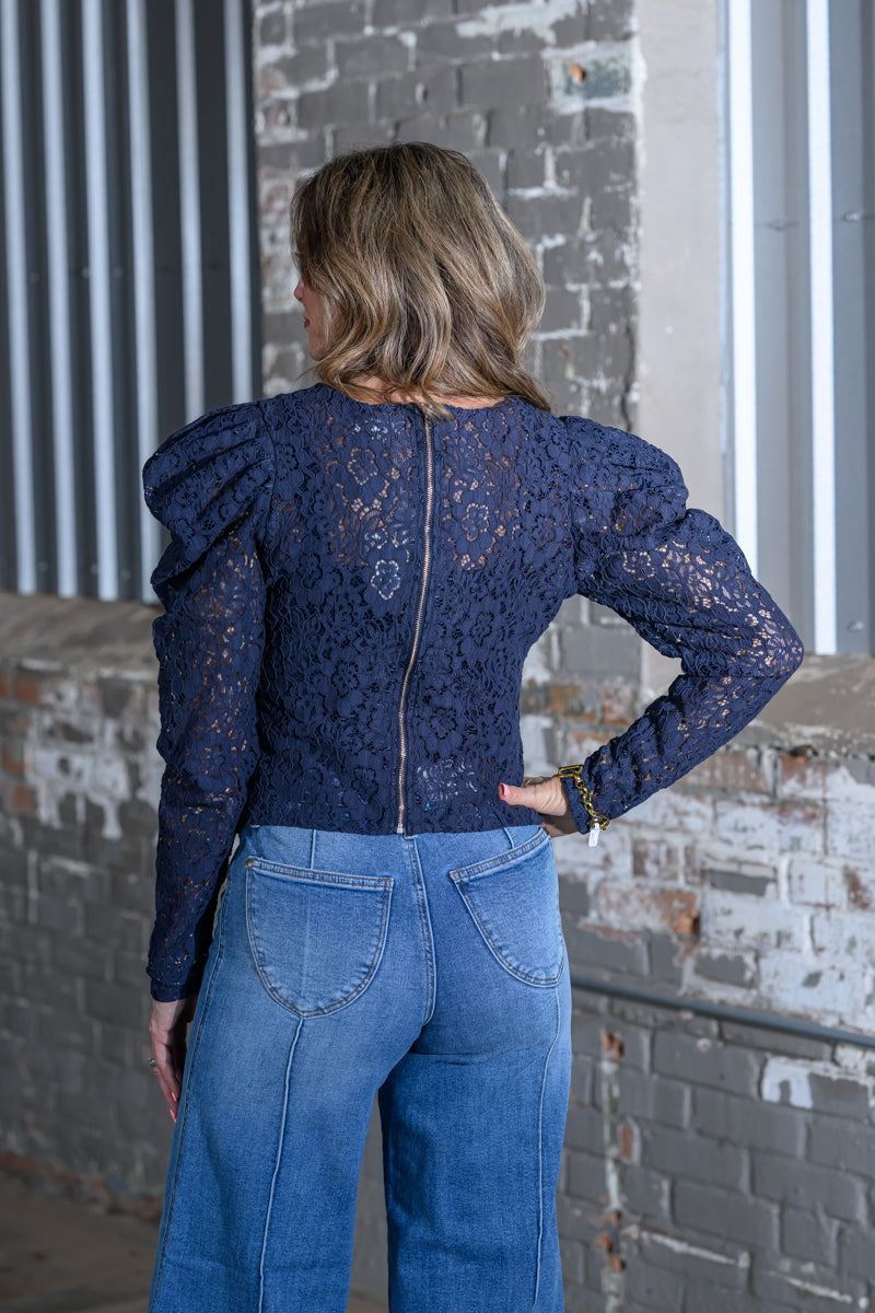 Easel Clothing Navy Puff Long Sleeve Novelty Lace Woven Blouse – Women's Boutique Lace Blouse