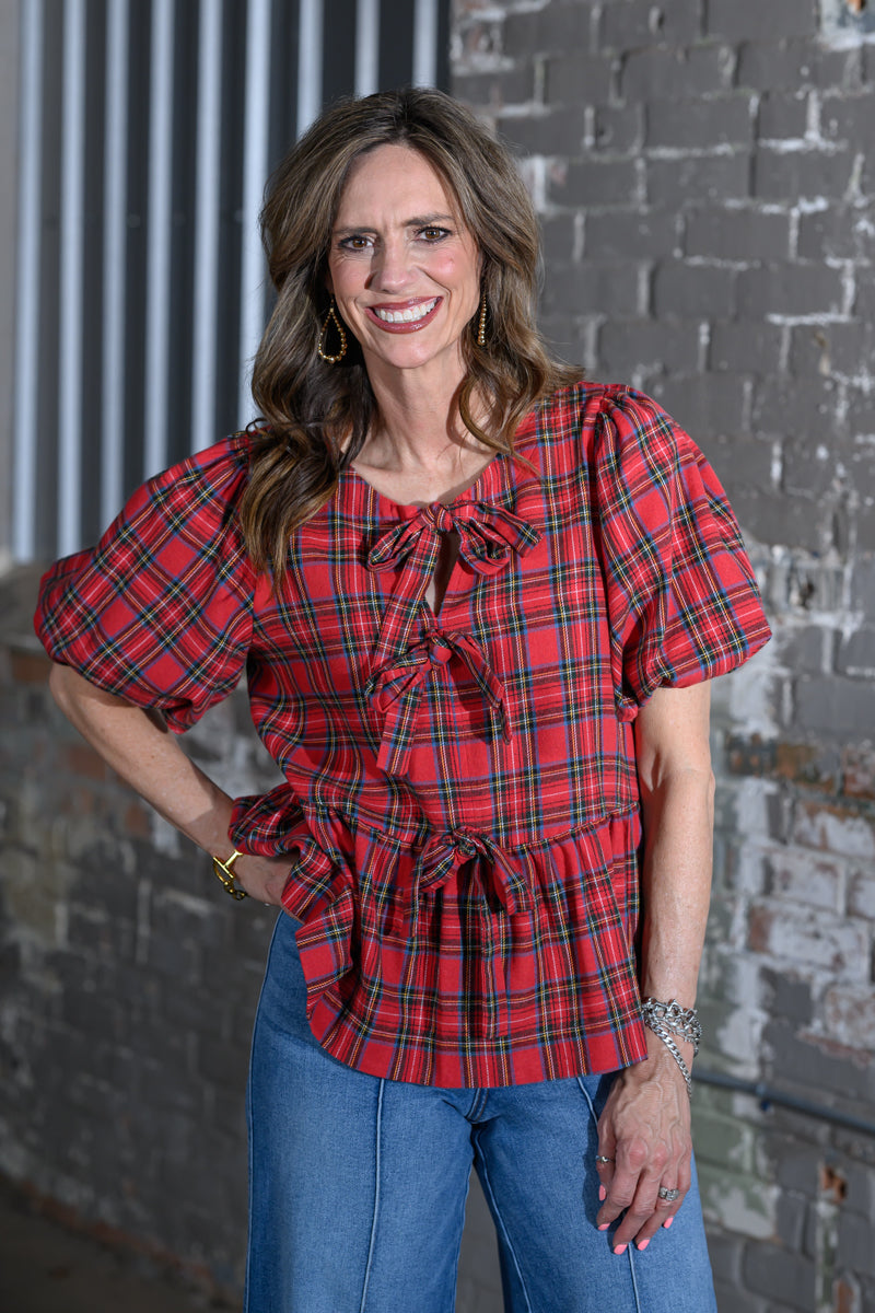 Easel Clothing Red Plaid Peplum Top – Women's Boutique Puff Sleeve Blouse