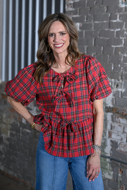Easel Clothing Red Plaid Peplum Top – Women's Boutique Puff Sleeve Blouse