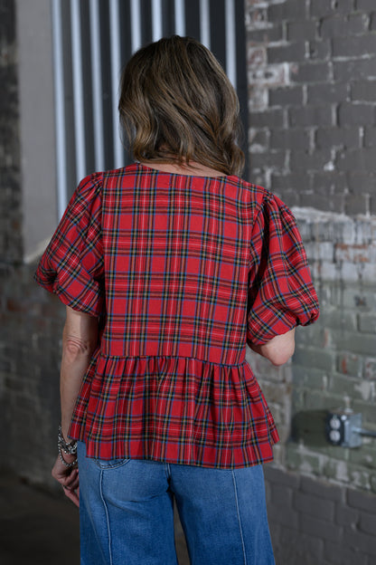 Easel Clothing Red Plaid Peplum Top – Women's Boutique Puff Sleeve Blouse